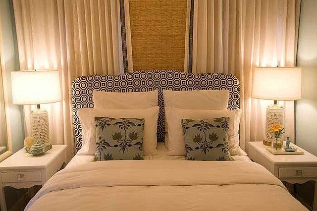 bed, headboard, pillows, room, light, fabric