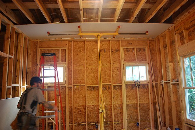 osb, board, wall, structure, room, house, drywall, installing, man, worker, ladders