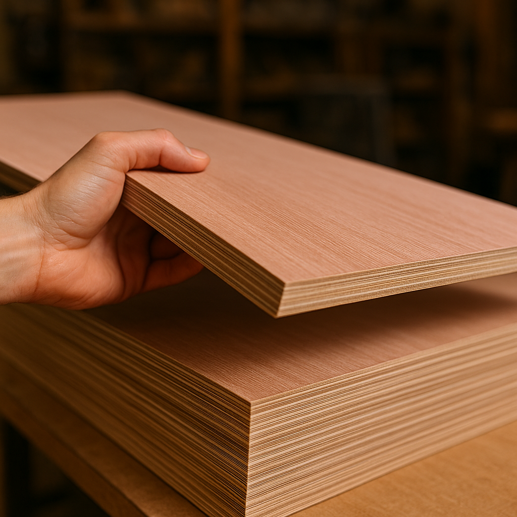 Lightweight sheet of Okoume plywood being lifted by one hand