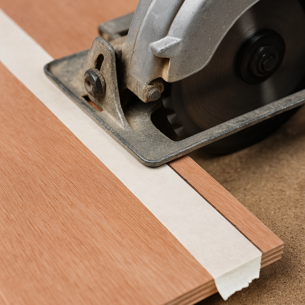 Circular saw cutting through Okoume plywood with masking tape along the cut line