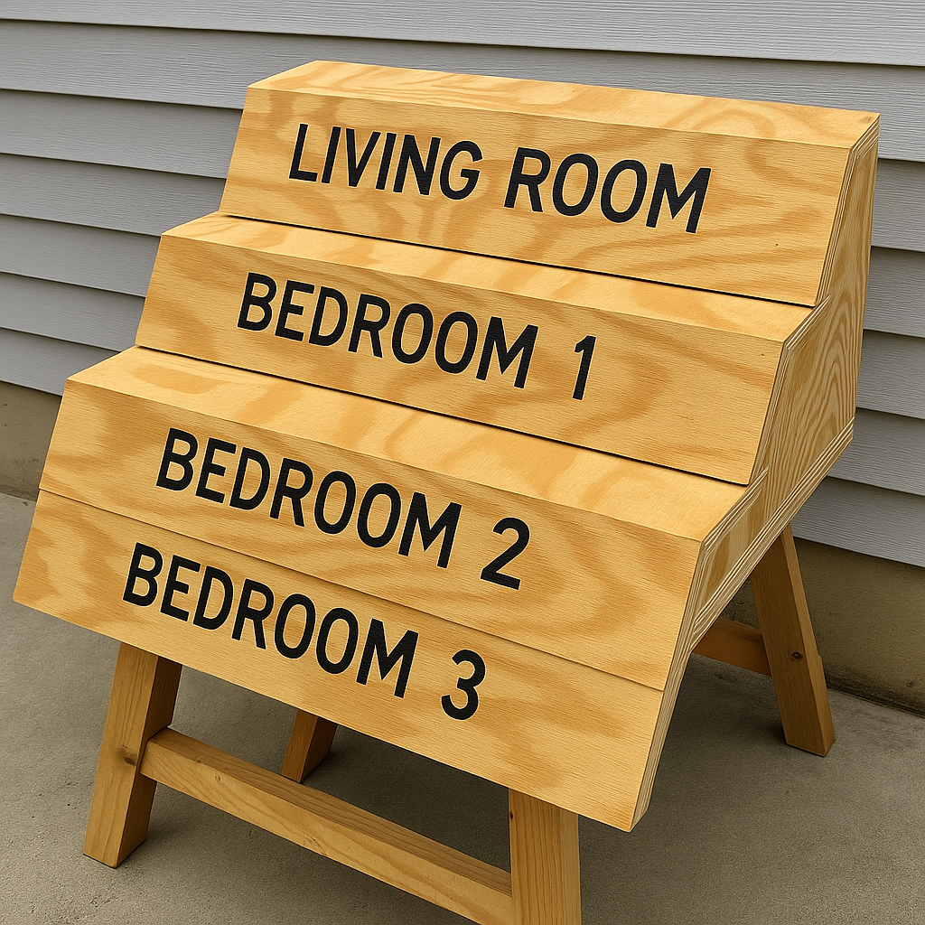 Stack of plywood sheets labeled for each window