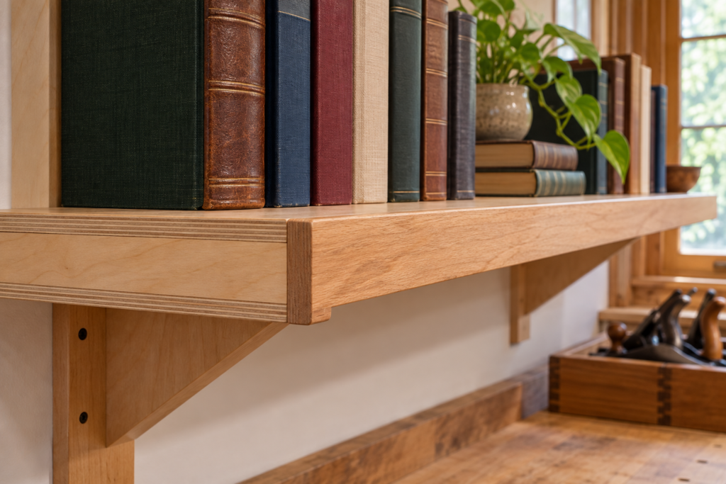 Plywood bookshelf strengthened with a center divider to reduce span and sag
