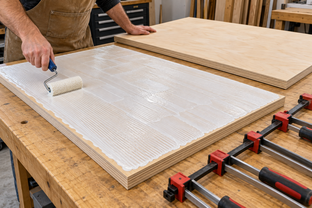 Applying wood glue across plywood to strengthen it by laminating two sheets
