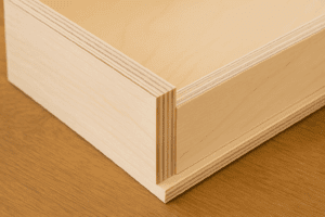 Close-up of a plywood drawer corner featuring a clean rabbet joint, showcasing layered plywood construction on a warm wood surface.