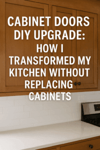 Close-up of modern wood cabinet doors with clean shaker design and bold white text overlay