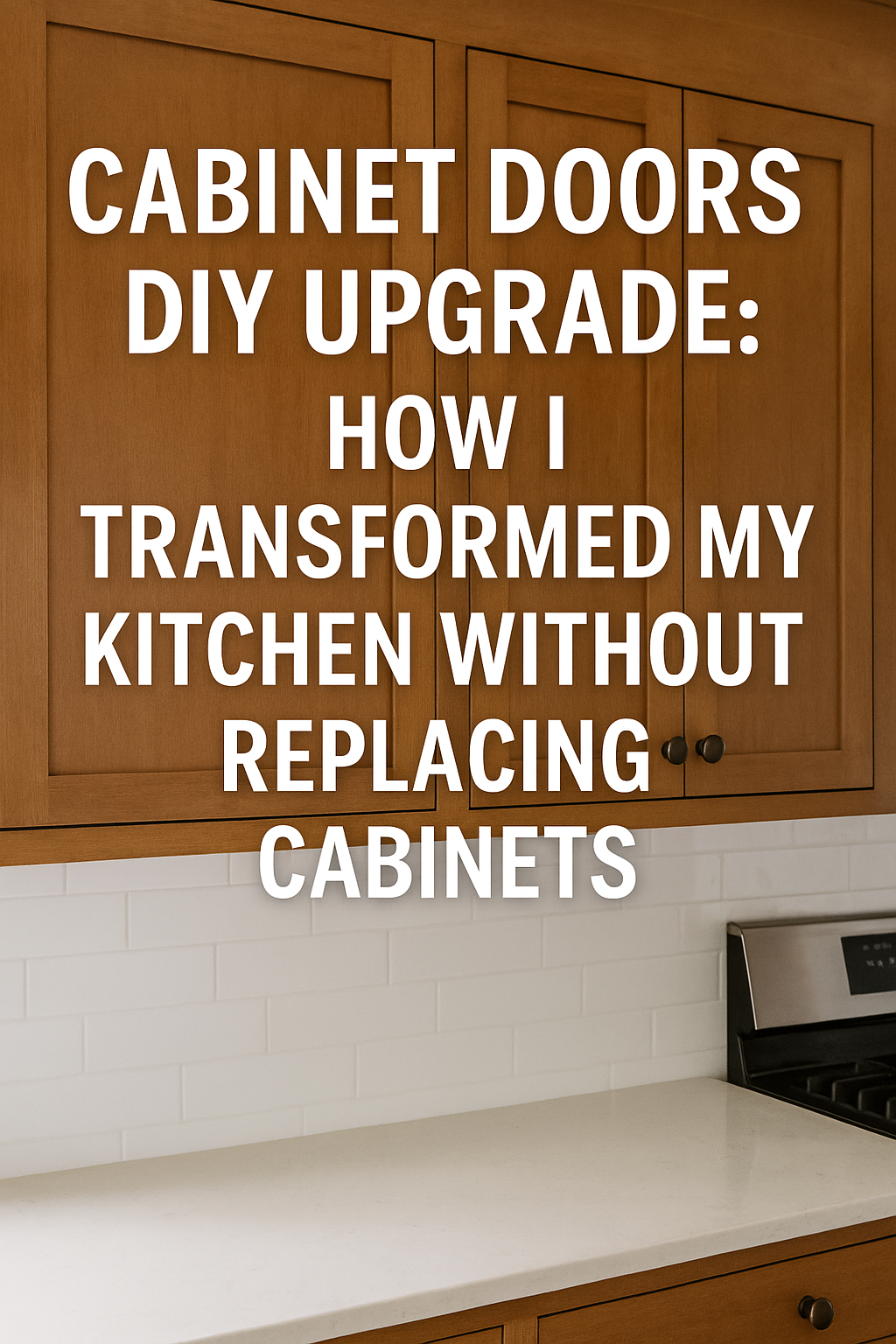 Close-up of modern wood cabinet doors with clean shaker design and bold white text overlay