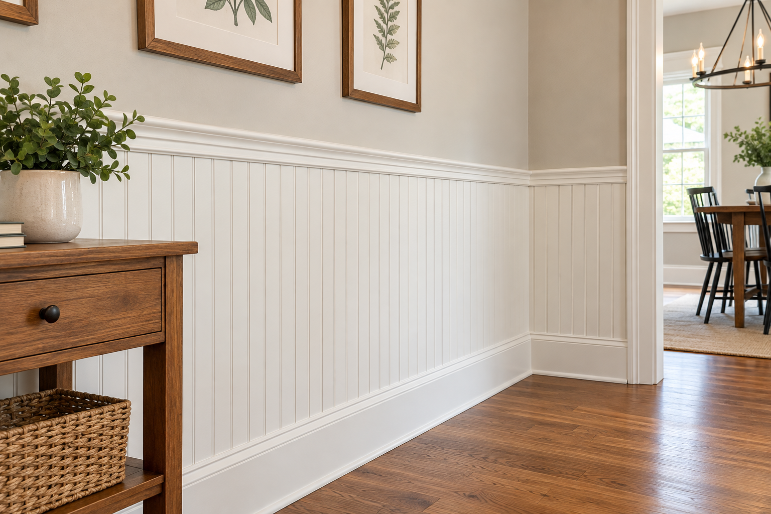 How to install wainscoting with white plywood beadboard panels, chair rail molding, and baseboards in a finished hallway.