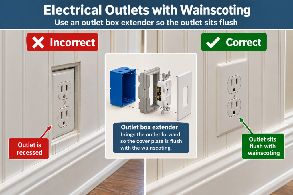 How to install wainscoting around electrical outlets using a box extender to bring the electrical box flush with the finished plywood beadboard wall.