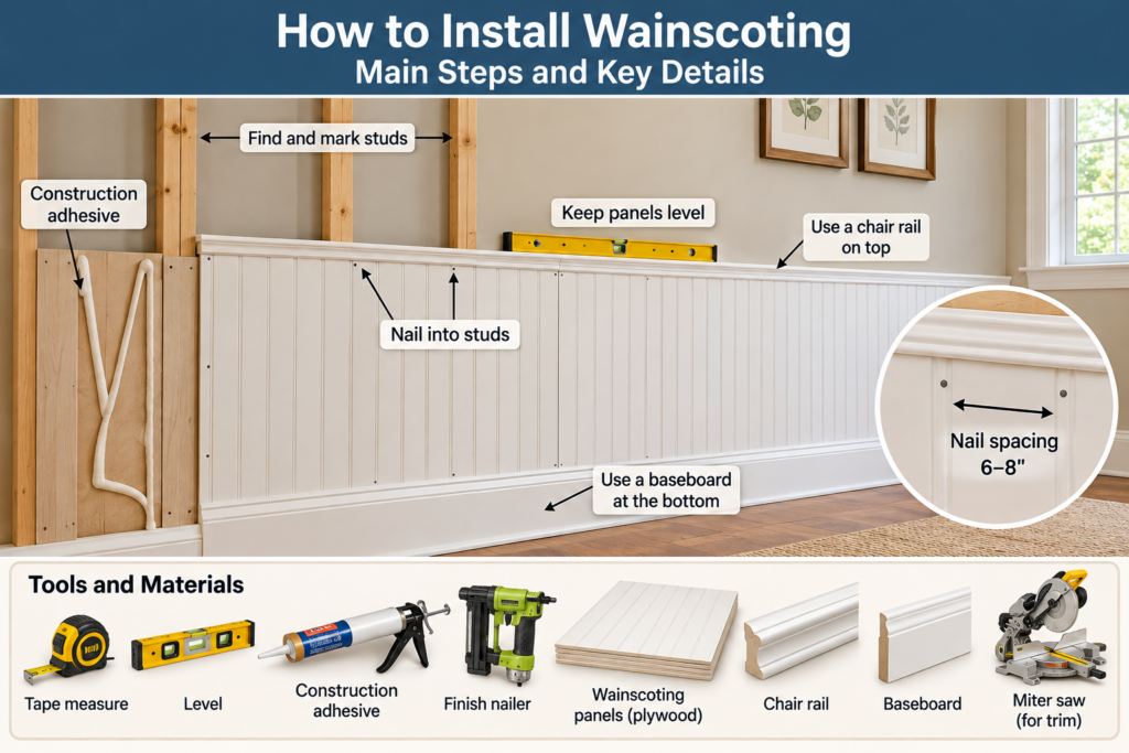 How to install wainscoting with plywood beadboard panels, construction adhesive, nails driven into wall studs, chair rail molding, and baseboards.