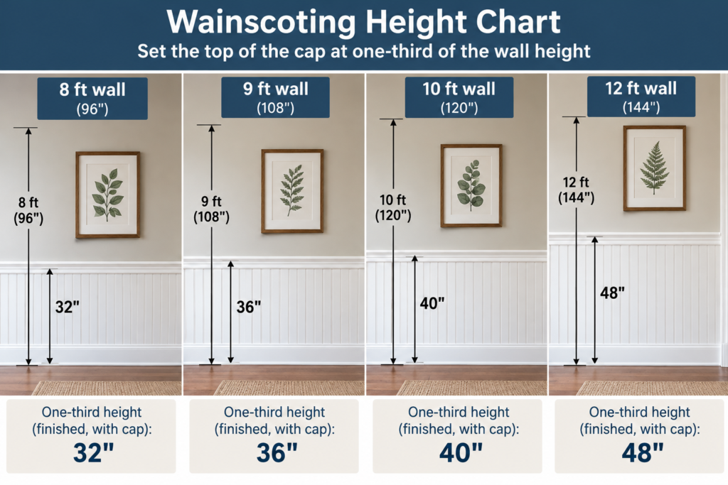 How to install wainscoting height chart showing recommended heights of 32, 36, 40, and 48 inches for 8, 9, 10, and 12-foot walls.