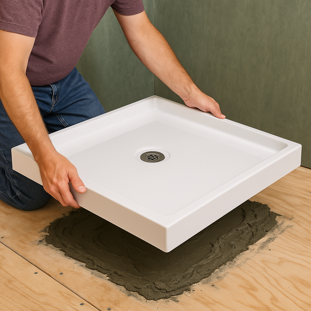 Homeowner setting a shower pan into mortar for a solid, level base.