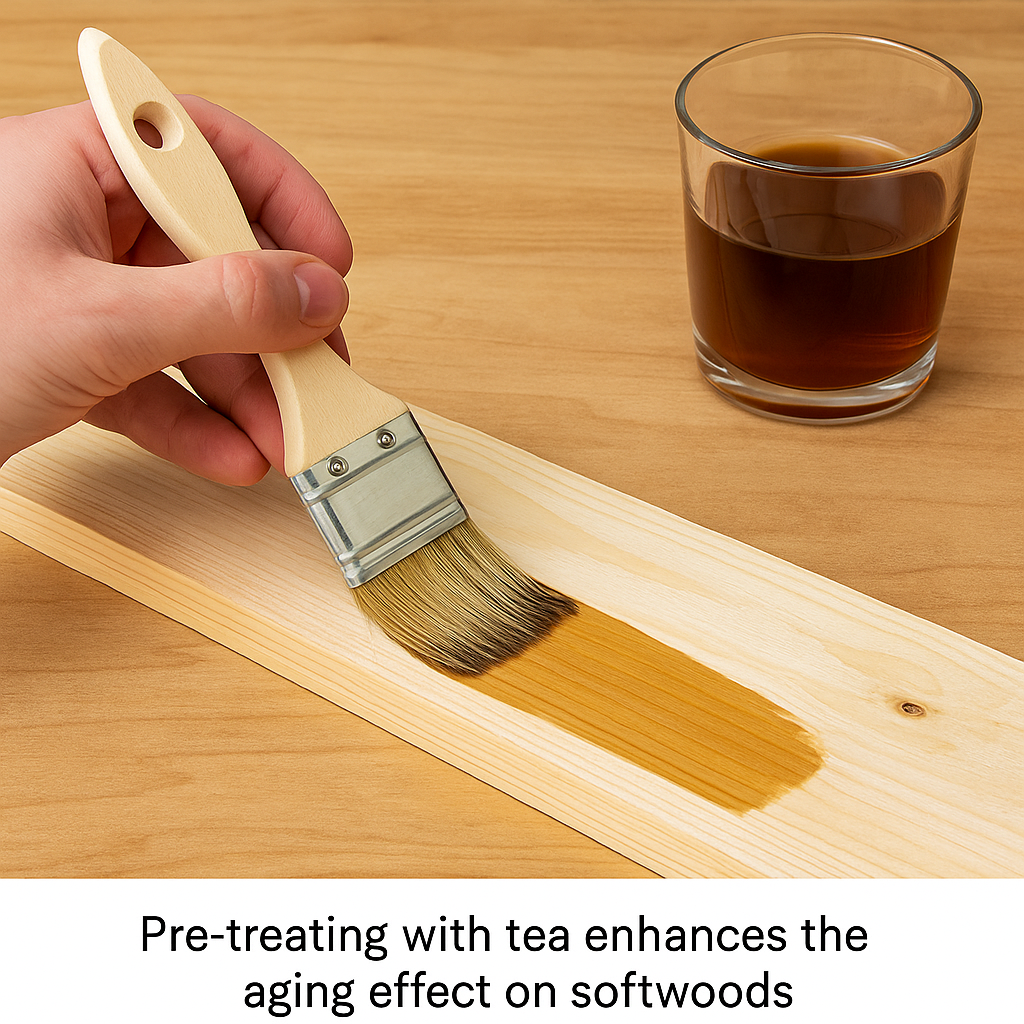 Brushing strong tea on pine plank before staining
