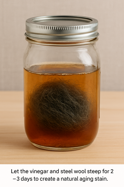 Jar with vinegar and steel wool mixture steeping