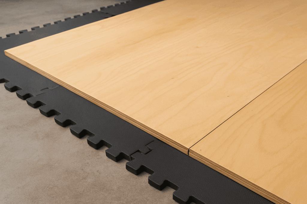 Interlocking foam mats beneath plywood dance surface