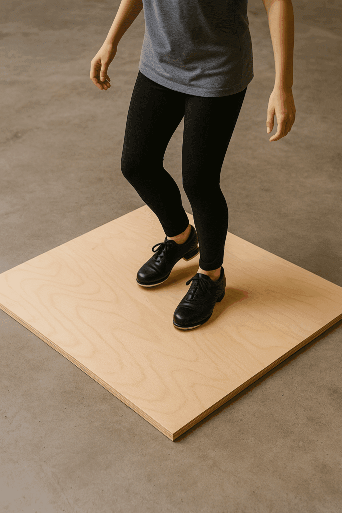 Tap dancer practicing on a compact plywood board