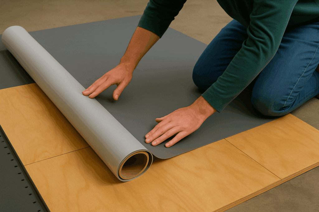 Rolling out vinyl dance surface over plywood