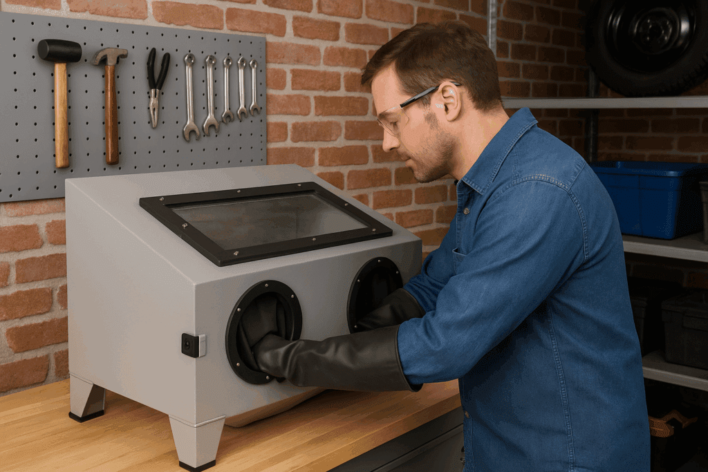 Operator using a tabletop sandblasting cabinet in a garage