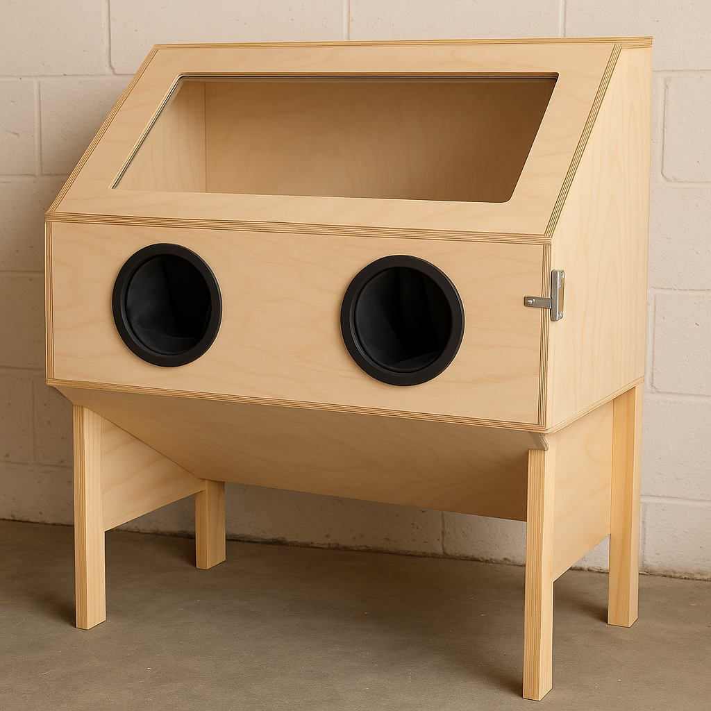 Homemade sandblasting cabinet made from plywood and acrylic