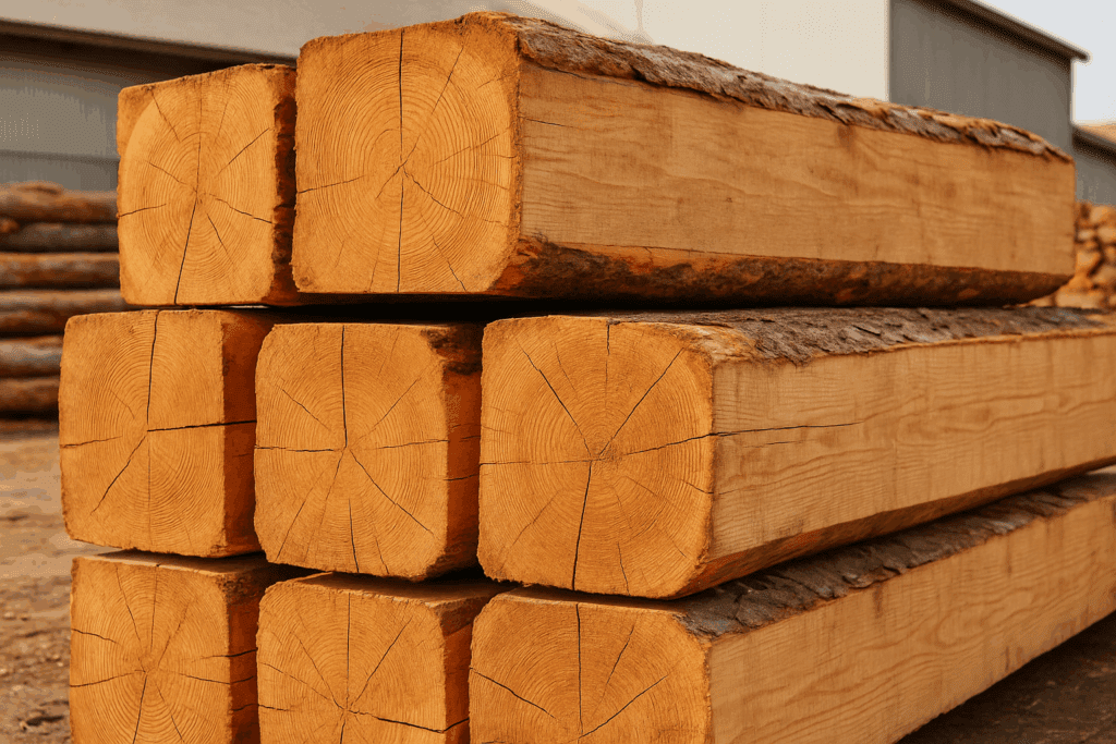Large rough-cut timbers stacked at a lumber mill