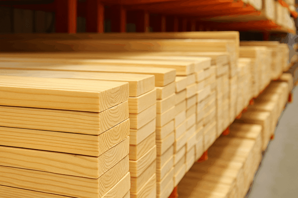 Dimensional lumber boards lined up at a hardware store