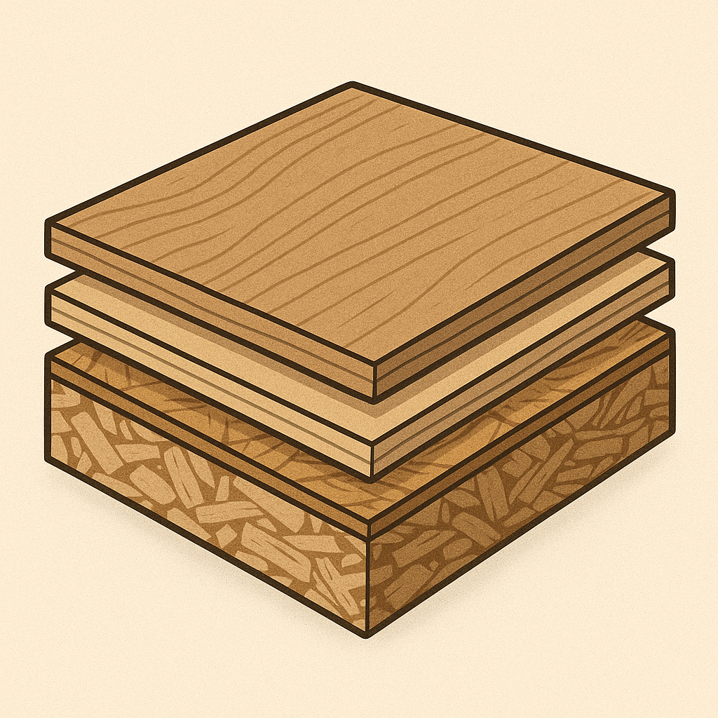 Cross-section of engineered wood layers like plywood and OSB
