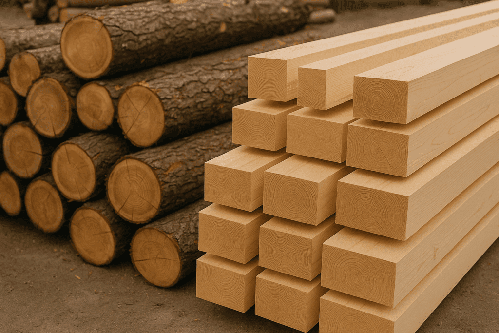 Stack of raw logs next to milled timber beams showing material progression