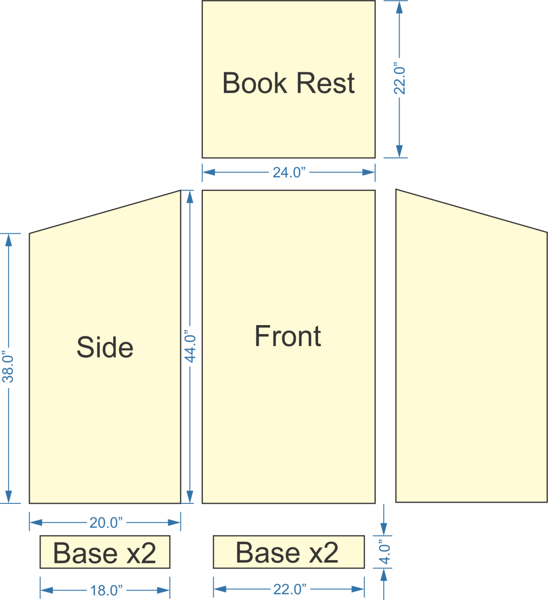 dimensions, book rest, front, side