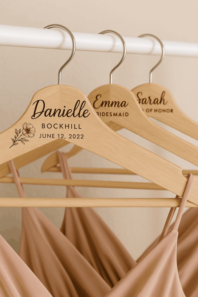 Set of personalized wood bridesmaid hangers hanging on a wedding rack