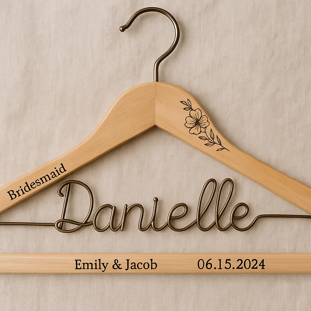 Hands woodburning a bridesmaid’s name onto a hanger