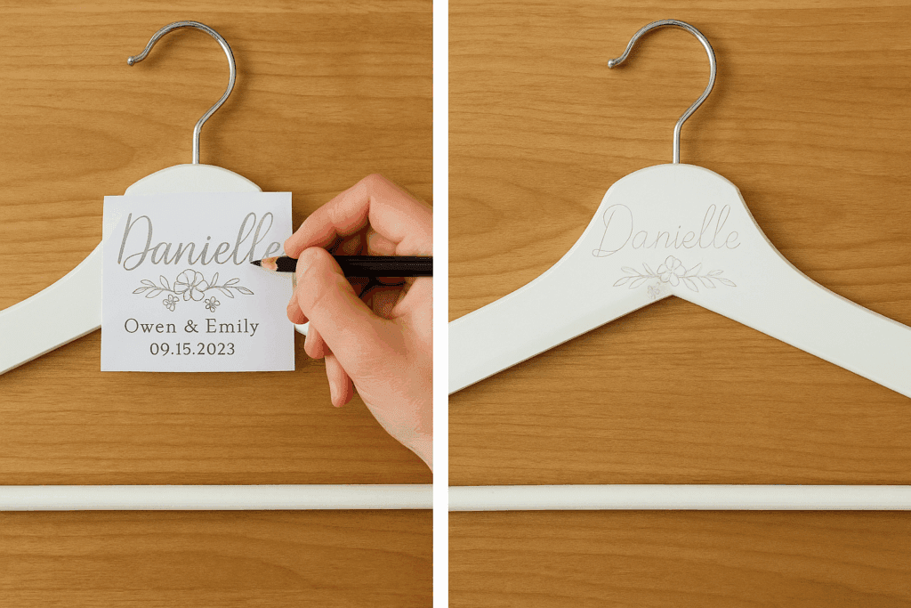 Scroll saw cutting a wooden name for bridesmaid hanger