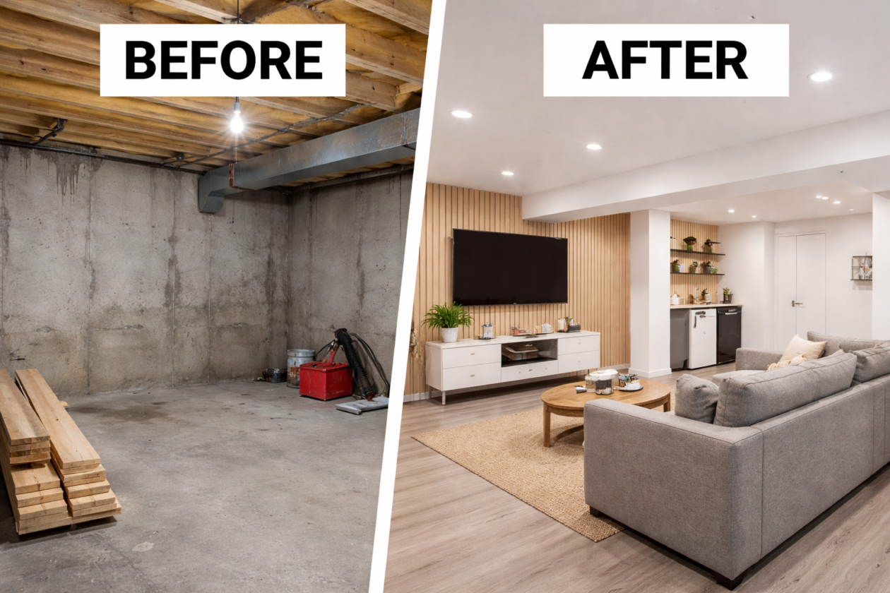 Basement walls before and after finishing without drywall showing modern panel and wood slat wall design