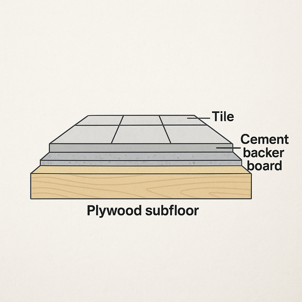 “Cutaway diagram showing plywood subfloor, cement backer board, and tile layers in a bathroom.”
