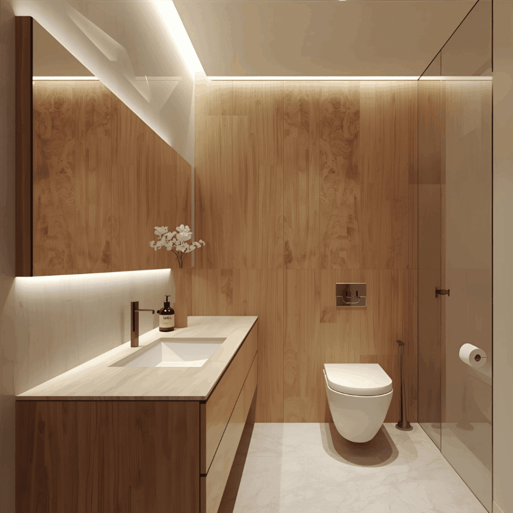 “Modern bathroom with plywood vanity and moisture-resistant plywood wall paneling.”