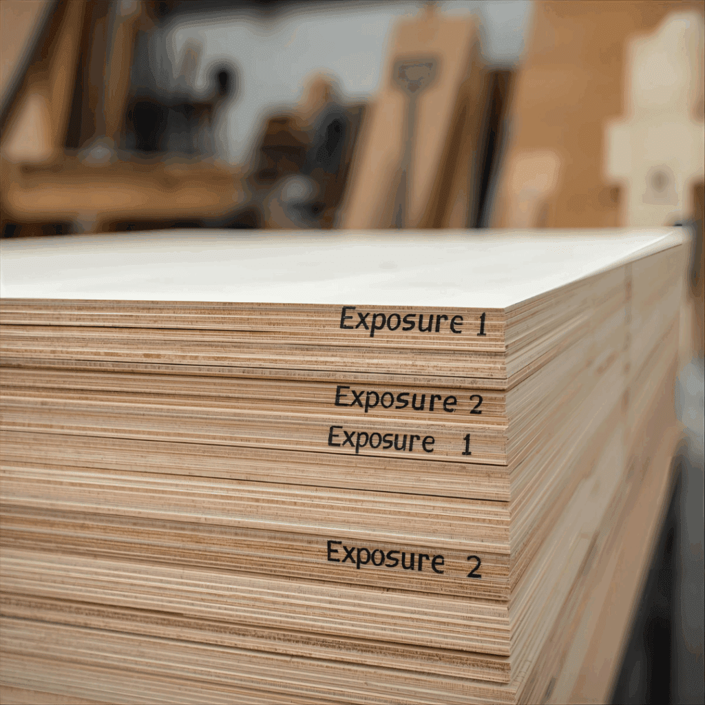 “Stack of different plywood types labeled Exposure 1, Exposure 2, marine plywood, and hardwood plywood.”