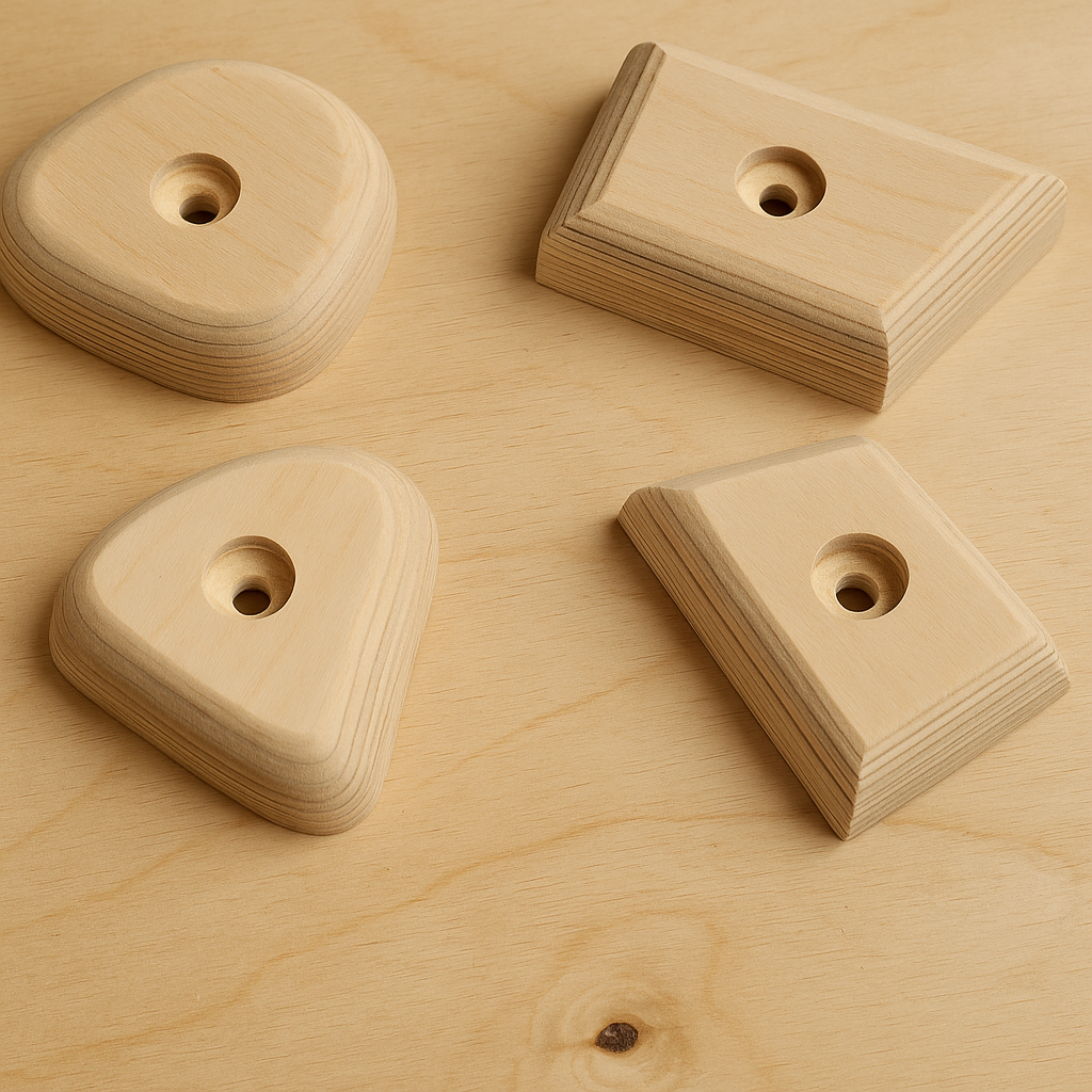  Sanded wood climbing holds with predrilled counterbores.