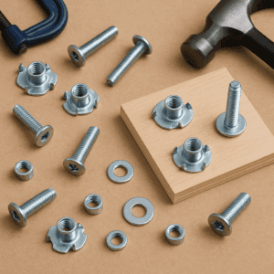 A close-up photo of various T-nuts, bolts, washers, and tools arranged on a plywood workbench. Some T-nuts are installed in wood panels while others are shown separately with bolts partially threaded in.