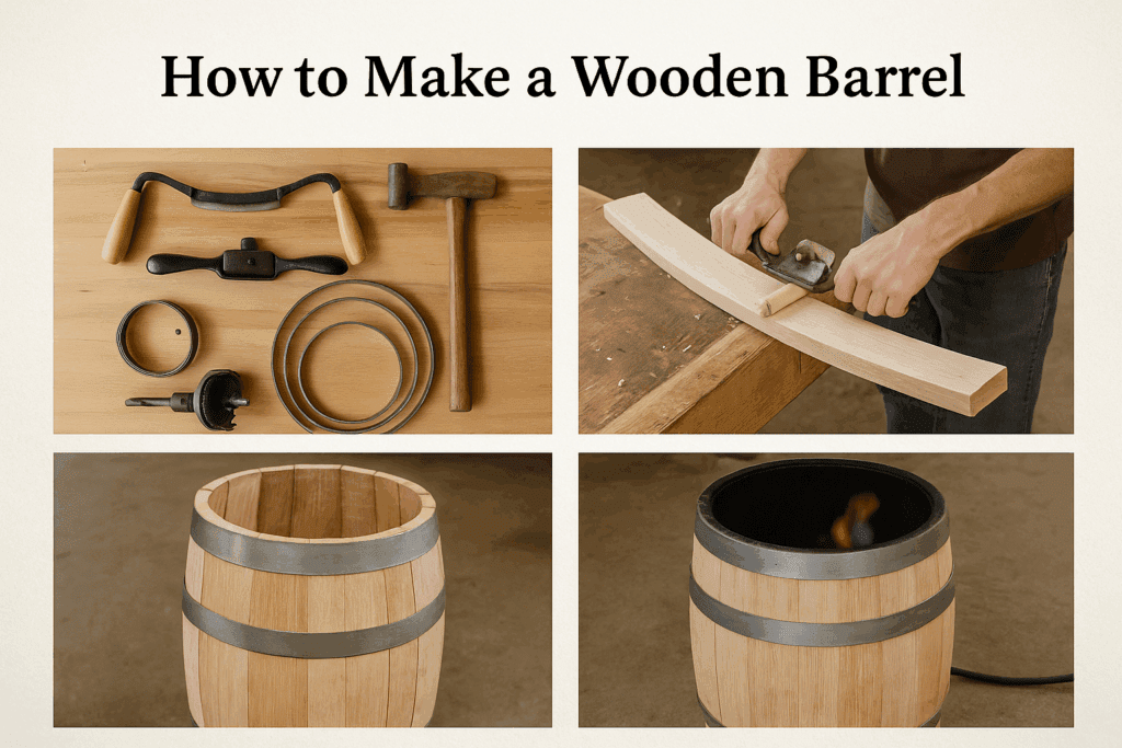 Step-by-step guide showing barrel-making tools, shaping a stave, barrel assembly, and interior charring