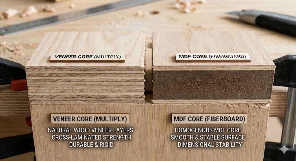 Comparison of plywood core types showing veneer core and MDF core layers