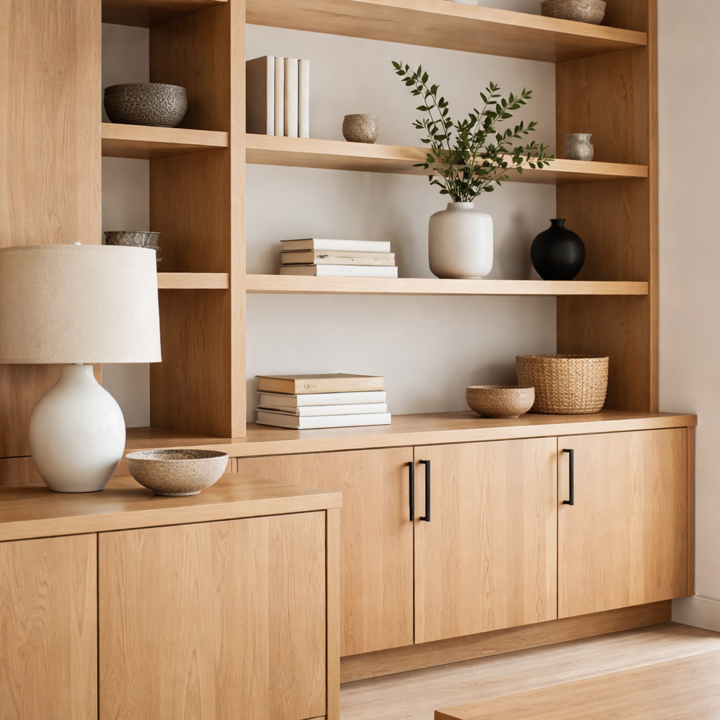 Finished oak plywood furniture with smooth matte natural finish