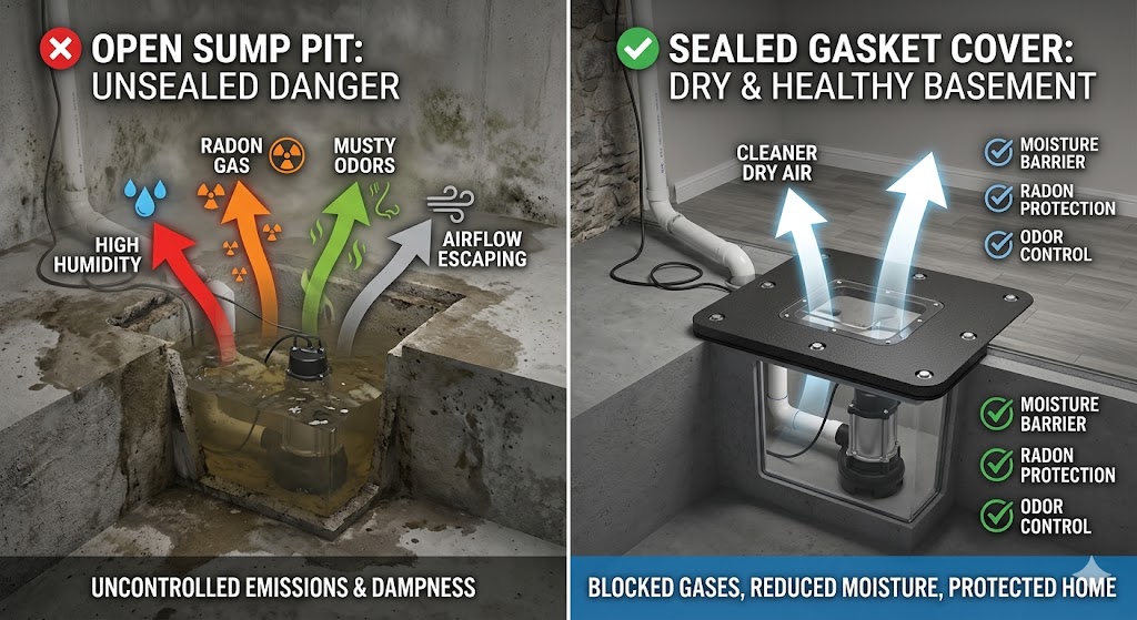 Comparison diagram showing humidity and radon escaping from an open sump pit versus an airtight sealed sump pump cover.