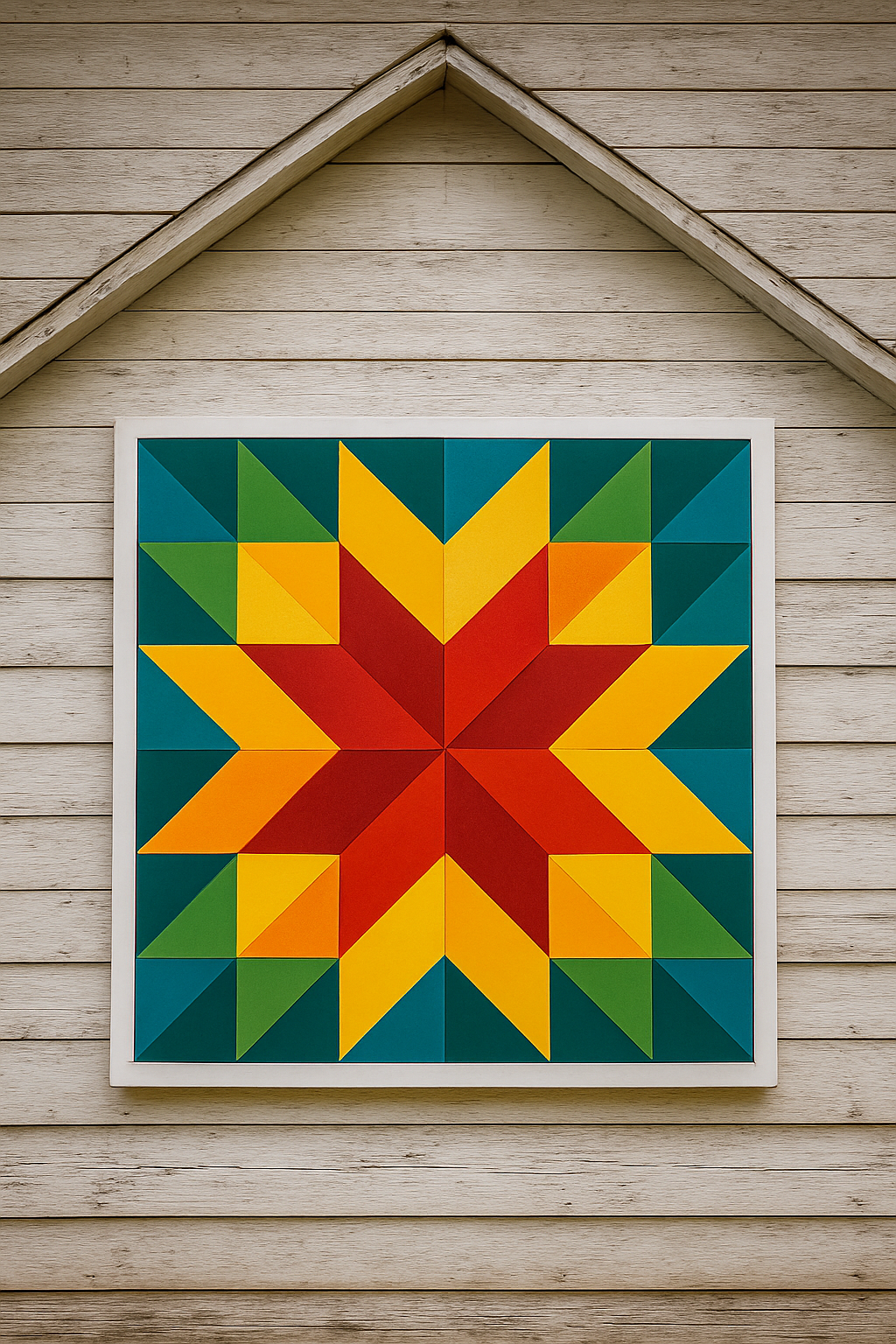 Bright barn quilt painted on a whitewashed wooden barn