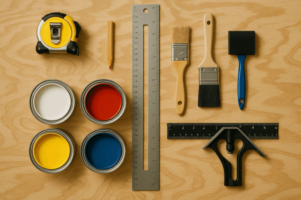 Tools laid out on plywood before starting barn quilt project