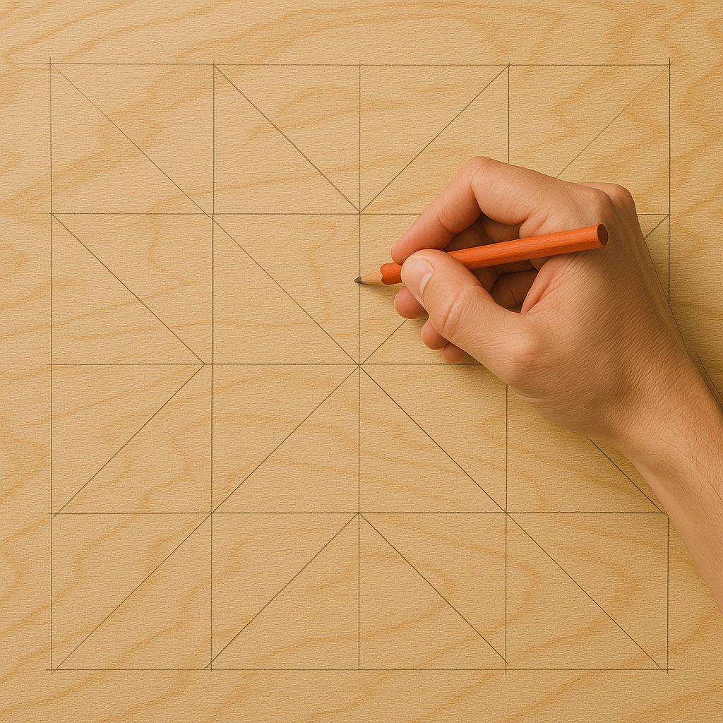 Close-up of hand sketching barn quilt pattern onto plywood