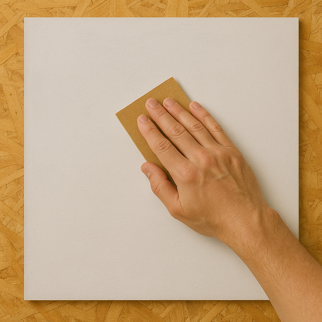 Plywood panel being sanded and primed before painting