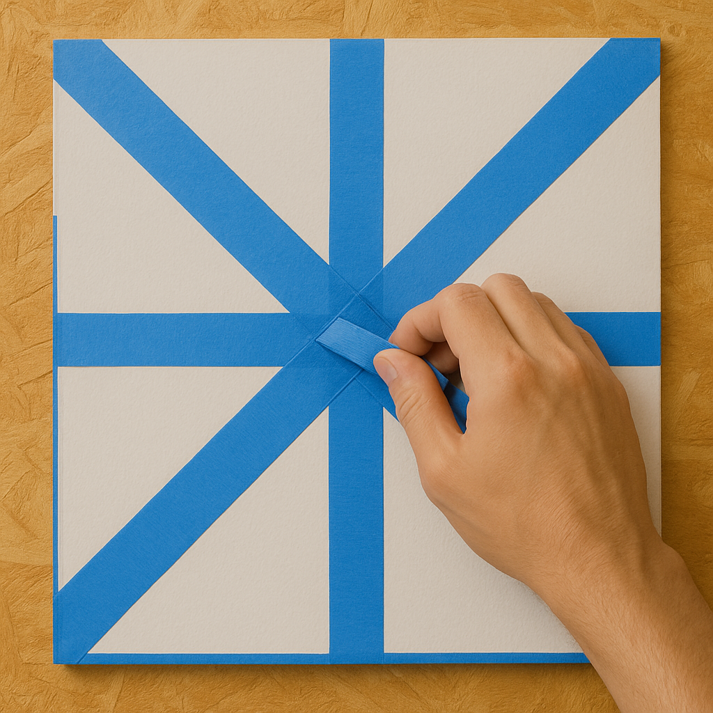 Hand applying painter’s tape on a geometric quilt pattern