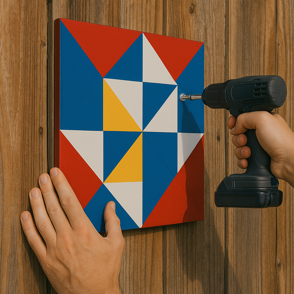 Barn quilt being installed on a wooden barn wall