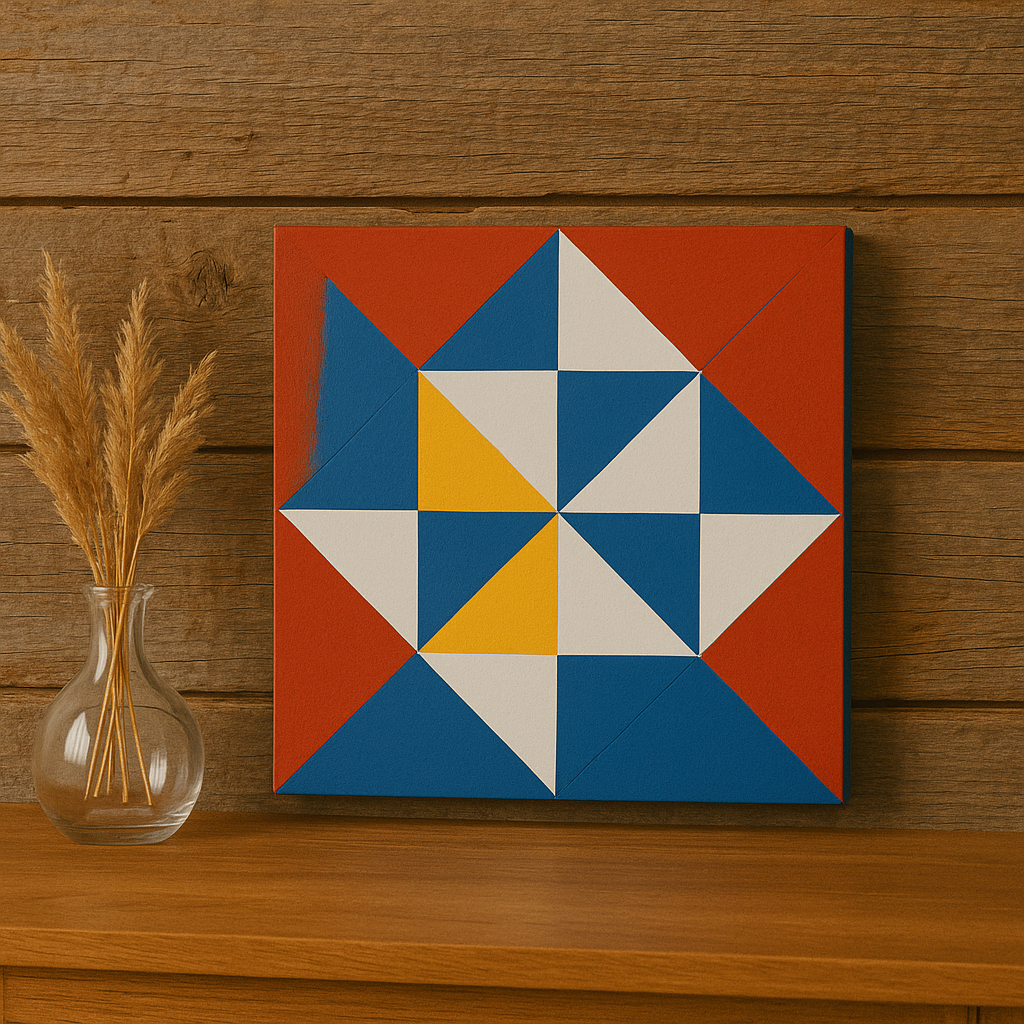 Mini barn quilt displayed as rustic wall art indoors