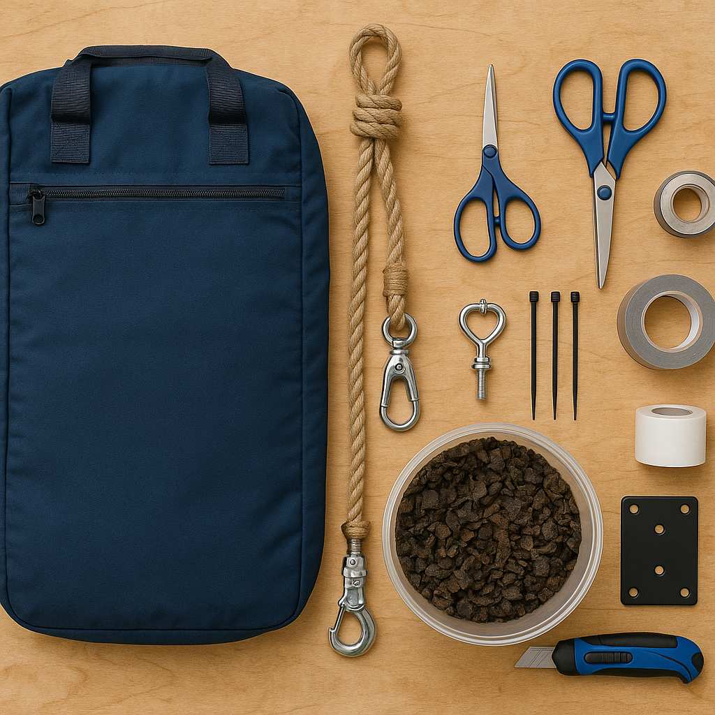Tools and materials for making a DIY punching bag, including a duffel bag, rope, scissors, mulch, and duct tape.