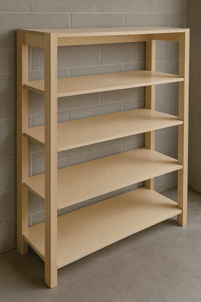 DIY garage shelving made from birch plywood with clean lines and five open shelves, set against a concrete block wall