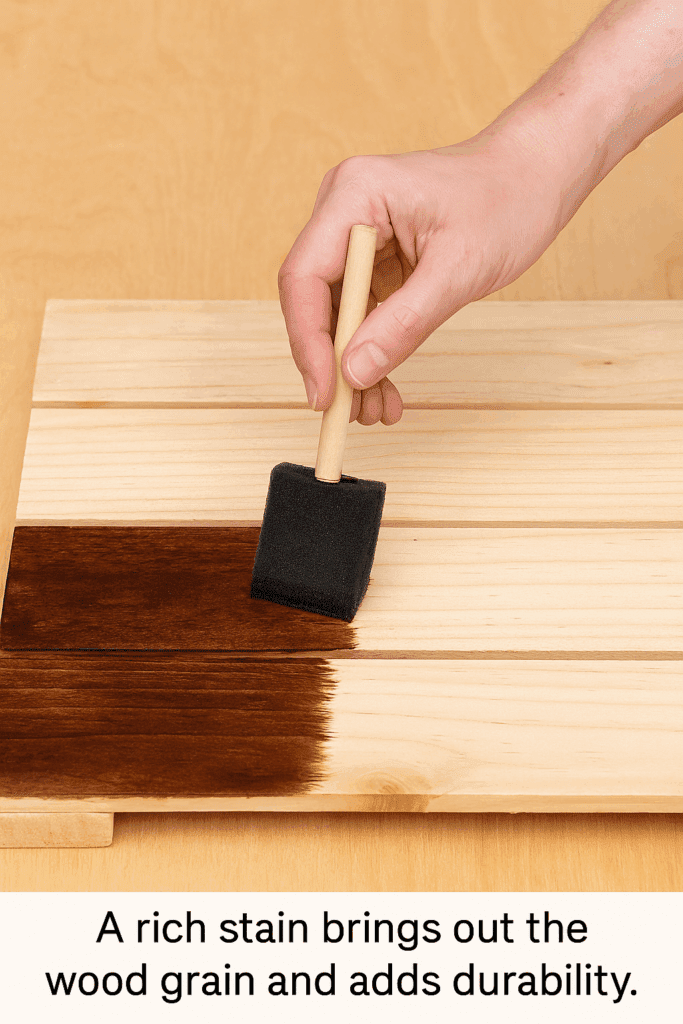 Applying stain with foam brush to smooth pallet boards 
